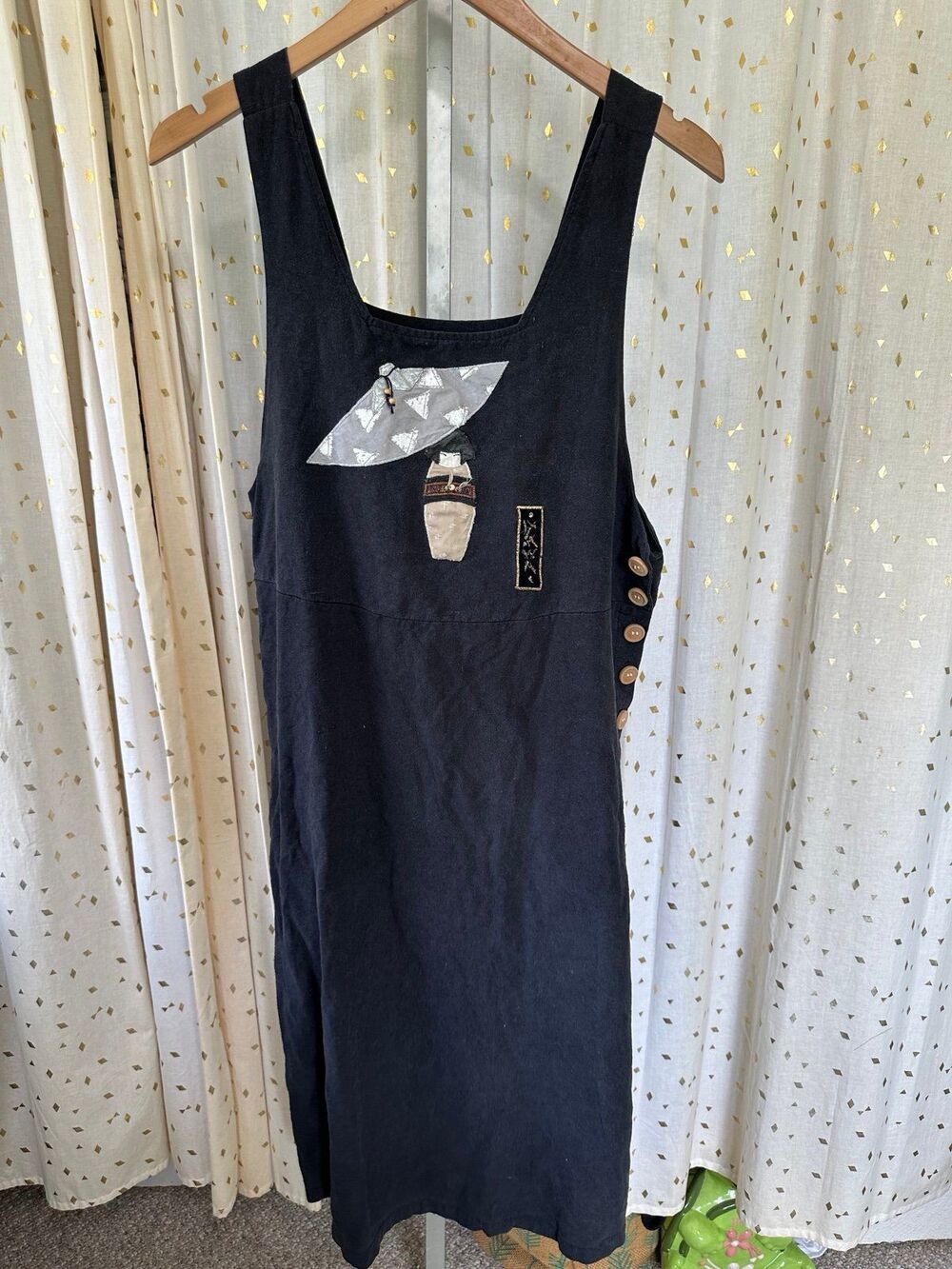 Love Sewn 100% Silk Asian Inspired Embroidered Applique Lagenlook Midi Dress M